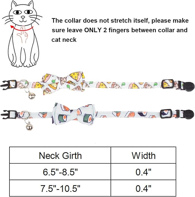 ADOGGYGO Cat Collar Breakaway with Bow Tie Bell - 2 Pack Kitten Collar with Removable Bowtie, Sushi Pizza Bowtie Collar for Cats Kittens (6.5"- 8.5")