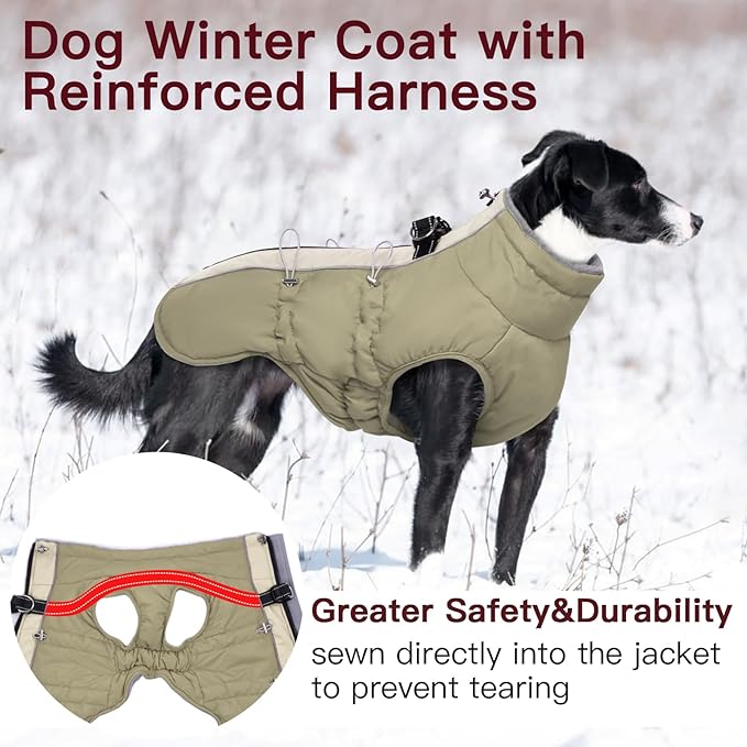Dog Winter Jacket - Large, Warm Zip Up Snowsuit Dog Harness Vest, Reflective, Water-Resistant, Apricot