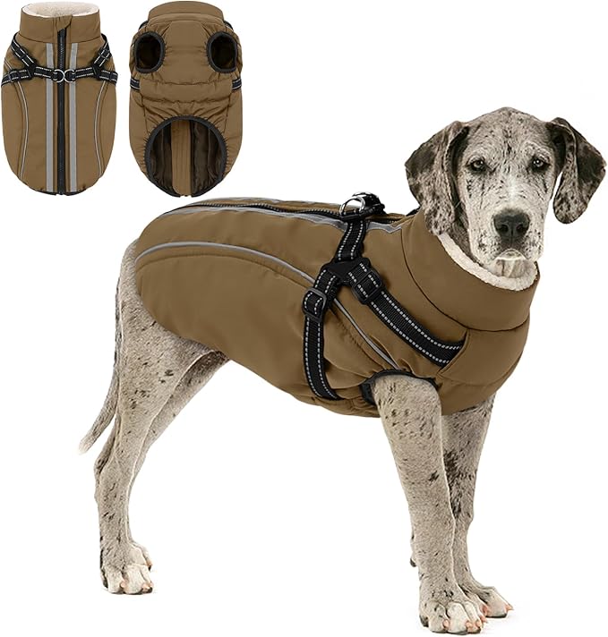 Dog Winter Coat with Harness Built in Warm Puffer Dog Jackets for Small Medium Large Dogs Windproof Waterproof Outfit with Plush Lining and Reflective Stripes (Brown, 2XL)