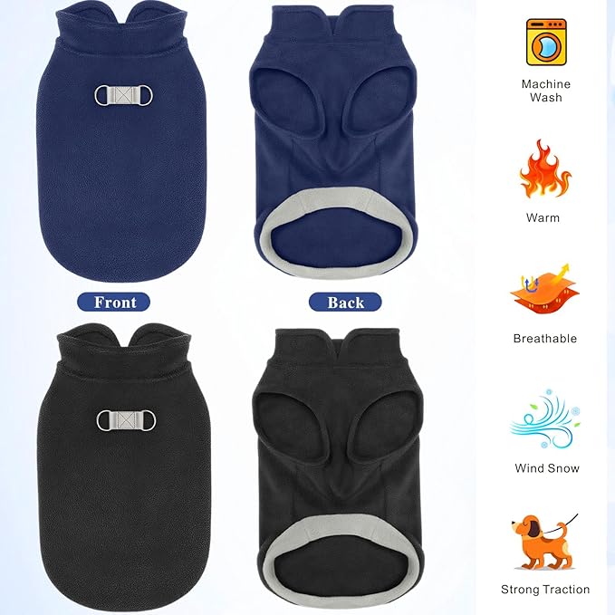 Idepet 2 Pack Dog Fleece Vest Sweater Warm Pullover Jacket with D-Ring Leash Reflective Winter Coat Hoodie for Puppy Cat French Bulldog Pug Chihuahuas Yorkies Dachshunds(Black&Blue,Large)