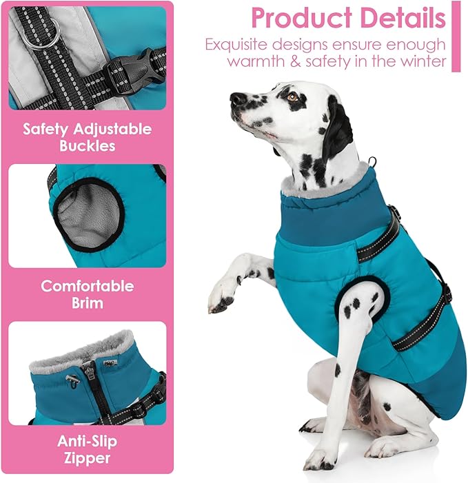 AOFITEE Dog Coat for Large Dogs, Waterproof Dog Winter Jacket with Built in Harness, Warm Turtleneck Cold Weather Coats Large, Reflective Fleece Lined Snow Jacket for French Bulldog, Boston Terrier, L
