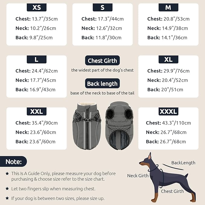 Dog Winter Coat with Harness Built in Warm Puffer Dog Jackets for Small Medium Large Dogs Windproof Waterproof Outfit with Plush Lining and Reflective Stripes (Grey, S)