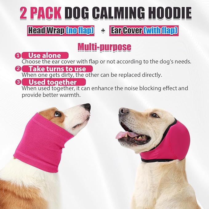 SlowTon Quiet Ears Dog Hoodie - 2 Pcs Ear Wrap Dog Ear Muffs Noise Protection, Anxiety Relief Dogs Hat Calming Hood Head Cover, Pet Headband Dogs Ear Protector for Grooming, Force Drying (Pink,L)