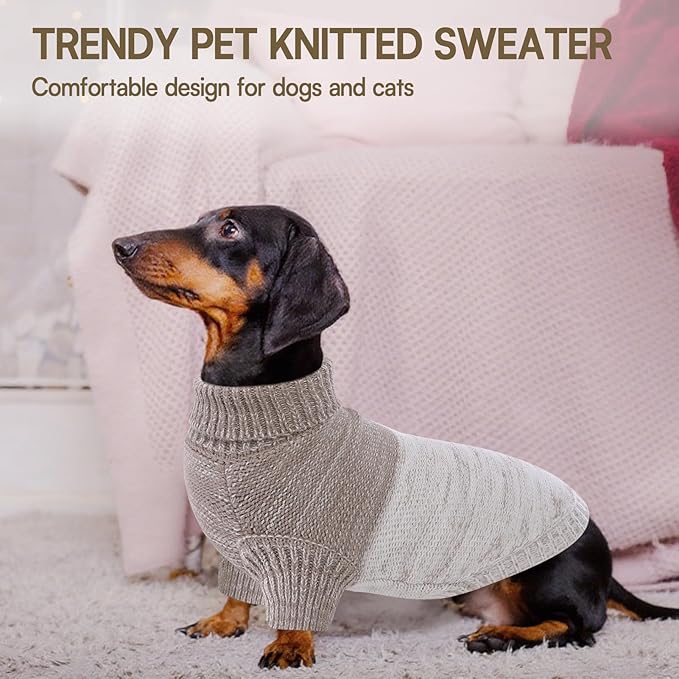 Queenmore Small Dog Sweater, Knitted Pullover Puppy Sweater,Cold Winter Pet Sweaters for Dog Girls Boys, Soft Turtleneck Knit Sweater with Leash Hole,Long Sleeves Christmas DogSweater(Khaki,S)