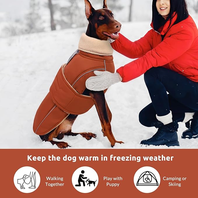ASENKU Warm Dog Coat, Waterproof Dog Jackets for Large Dogs with Reflective Fleece Vest Turtleneck with Button, Windproof Cold Weather Coats for Small Medium Large Dogs, Red Brown, L