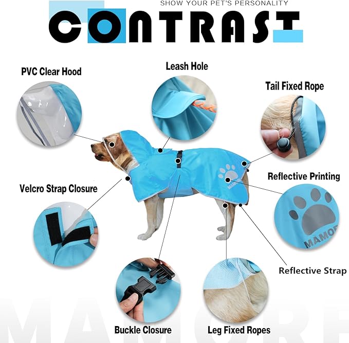 MAMORE Dog Raincoat Hooded Rain Jacket for Small Medium Large Dogs Slicker Poncho Bottom Waterproof Adjustable Reflective Breathable Leash Hole (Blue, Large)