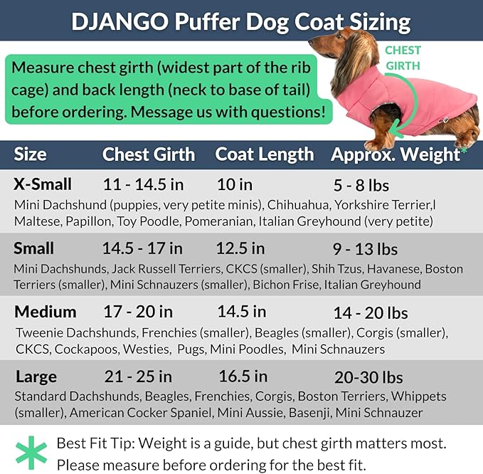 DJANGO Puffer Dog Coat – Warm Winter Dog Jacket & Water-Repellent Insulated Puffer Vest with Striped Lining, Harness Hole, Adjustable Fit for Small & Medium Dogs, Dachshunds – Rose Petal Pink, Large