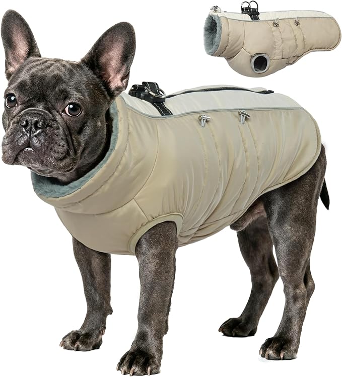 IDOMIK Warm Dog Coat with Harness, Waterproof Reflective Dog Jackets for Small Medium Large Dogs, Fleece High Collar Winter Jacket with Zipper, Pet Winter Snowsuit Clothes for Cold Weather,Khaki M