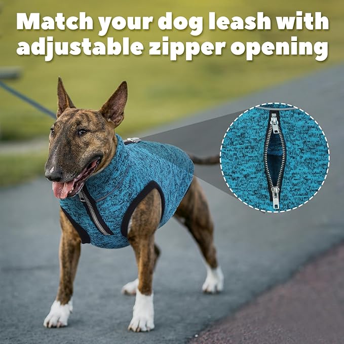 ROZKITCH Dog Sweater for Medium, Knit Jacket with Fleece Lining, Dog Clothes for Medium with Half Zipper Opening for Harness, Adjustable Neck Reflective Pet Jacket Blue L