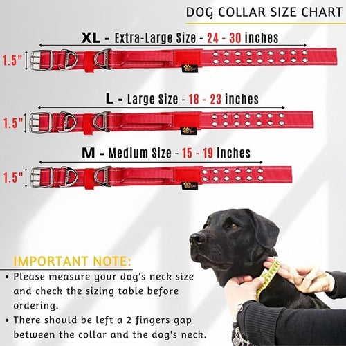 ADITYNA Heavy Duty Red Dog Collar for Large Dogs - Reflective Collar with Handle for Training, and Walking - Wide, Thick, Tactical, Soft Neoprene Padded