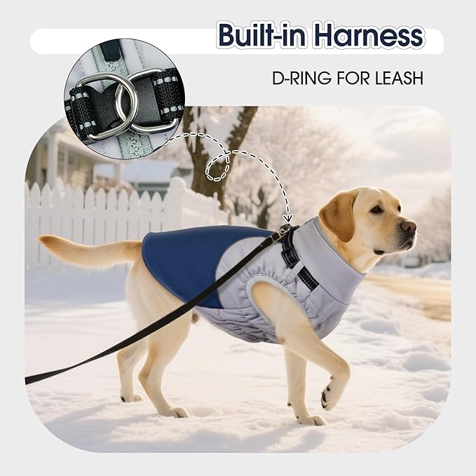 DENTRUN Dog Coat with Harness Built in, Easy On/Off Zipper Closure Winter Dog Vest, Water-Repellent Fleece Lined Warm Jacket with Reflective for Medium Dogs, Dark Blue, L