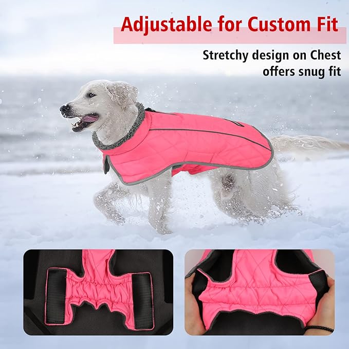 Fragralley Dog Coat Large, Waterproof Dog Jacket with Warm Fleece Lining, Adjustable Reflective Dogs Winter Coat, Turtleneck Pet Coats for Cold Weather (Pink XL)