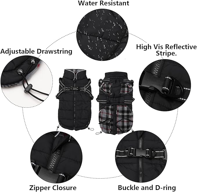 Geyecete Winter Warm Coat Waterproof Dog Winter Jacket with Harness Traction Belt,Pet Outdoor Jacket Dog Autumn and Winter Clothes for Medium, Small Dog-Black-S