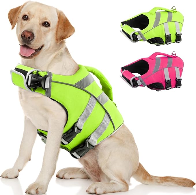 Kuoser Medium Dog Life Jackets - Reflective Swim Vests for Beach & Boating, Green