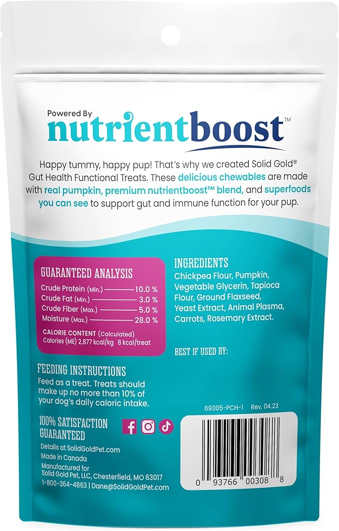 Solid Gold Healthy Dog Treats - Functional Pumpkin Dog Teats w/Flaxseed & Gentle Superfoods for Gut Health & Digestion - Gluten Free Healthy Training Treat for Dogs of All Ages & Sizes - 5.2 oz
