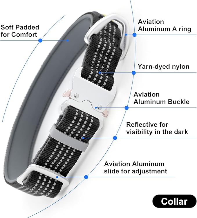 Plutus Pet Reflective Dog Collar with Aviation Aluminum Buckle, Neoprene Padded for Comfort, Lightweight, Heavy Duty Nylon Collar for Puppy Small Medium Large Dogs (Black, L)