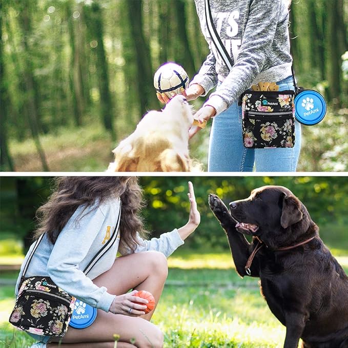 PetAmi Dog Treat Pouch, Pet Treat Pouch for Training, Dog Walking Bag Holder for Kibbles, Pet Food Toy, Dog Trainer Essentials Supplies, Poop Bag Dispenser, 3 Ways to Wear (Floral Black)
