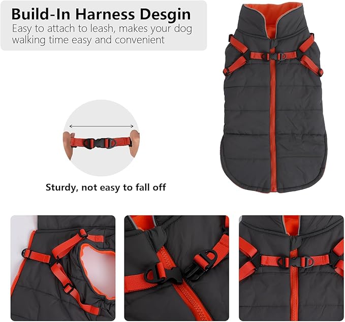Geyecete Winter Warm Coat Waterproof Dog Winter Jacket with Harness Traction Belt,Windproof Pet Outdoor Jacket-Gray-XL