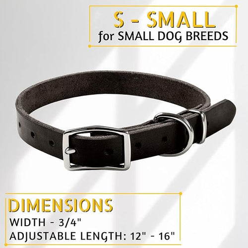 ADITYNA Black Leather Dog Collar for Small Dogs - Classic, Soft, Strong, Heavy Duty, Handmade Top-Grain Leather - for Walking, Training, and Hiking