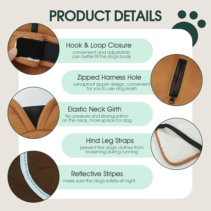 Kuoser Canvas Dog Coat, Warm Dog Jacket Reflective Fleece Pet Cold Weather Coat, Warm Doggie Clothes Waterproof Winter Vest with Zipper Leash Hole for Small Medium Large Dogs, Brown XL