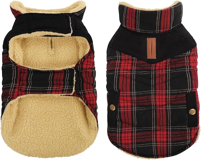Queenmore Dog Winter Coat Warm Dog Jacket for Cold Weather, Quilting Puffer Plaid Coats for Small/Medium Dogs Waterproof,Girl/Boy Pet Christmas Coat,Pet Snowsuit with Leash Hole/Fleece Padding, L