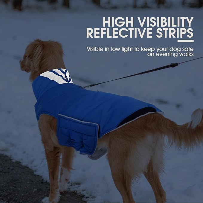Kuoser Dog Coat Medium, Cold Weather Reflective Waterproof Dogs Jacket with Warm Fleece Lining, Turtleneck Dog Winter Coat with Zipper, Doggy Snow Jacket Pet Coats for Small Medium Large Dogs, Blue M