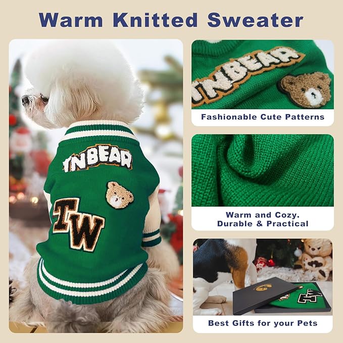 Small Dog Sweater Sweatshirt Cute Puppy Sweaters - Winter Green Warm Knitted Bear Design for Puppies (S)