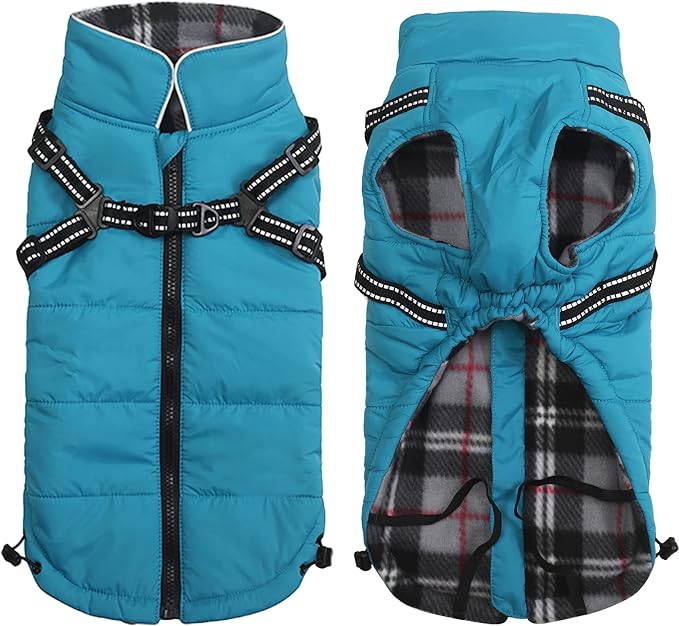 Winter Warm Coat Geyecete Waterproof Dog Winter Jacket with Harness Traction Belt,Pet Outdoor Jacket Dog Autumn and Winter Clothes for Medium, Small Dog-Blue-M