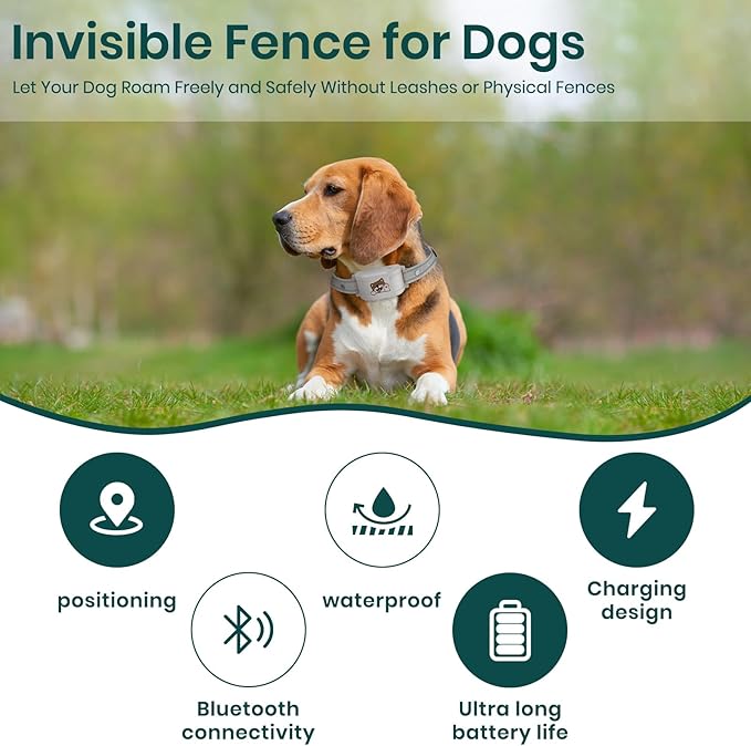 GPS Dog Electronic Fence, Wireless Training Collar- No Subscription Required, Customizable Boundaries via App 3280 FT, IPX7 Waterproof Rechargeable Collar, Automatic Sleep/Wake（White）