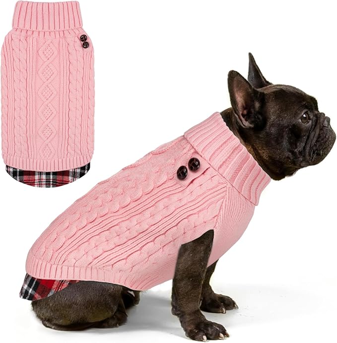 KYEESE Dog Sweater Stretchy Knitwear Cat Clothes with Gingham Patchwork Comfy Pet Coat for Fall Winter Cold Weather Soft Pullover Dog Sweaters for Small Dogs Girl Warm Turtleneck Small Dogs Sweater