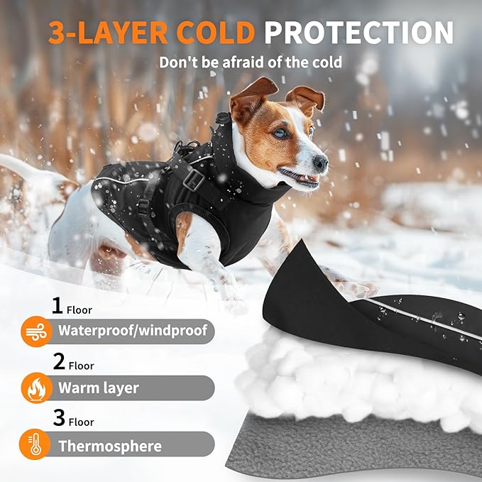 Dog Winter Coat Reflective Water-Resistant Jacket, Fleece Lined Windproof Puppy Coat with Back Zipper & D-Ring, Cold Weather Dog Coats for Small Medium Large Dogs (XXL, Black)