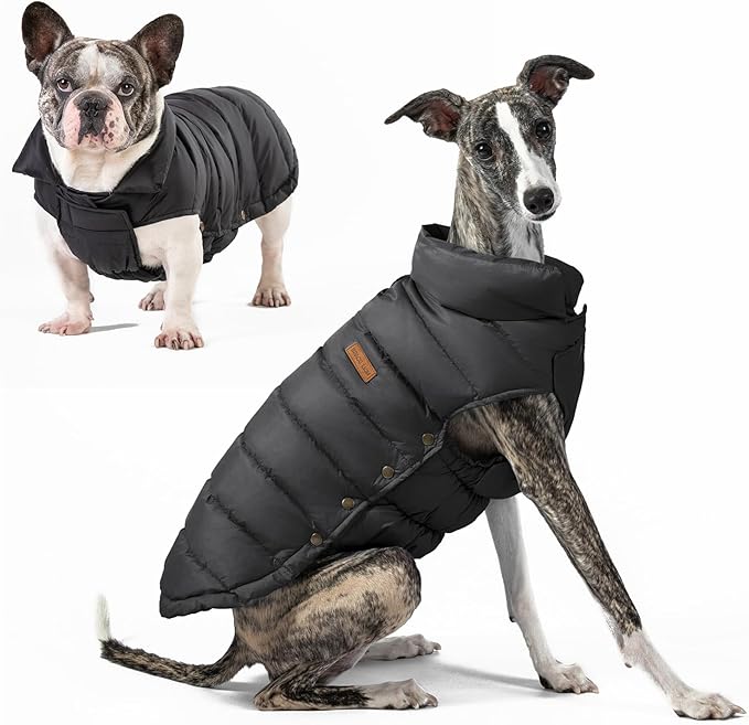 SPACE LION Dog Puffer Jacket, Down Winter Coat, Durable Outdoor Coat for Cold and Windy Conditions, Waterproof, Lightweight Jacket, Adjustable Fit for Small, Medium, Large Dogs(BlackGrey,14/L)