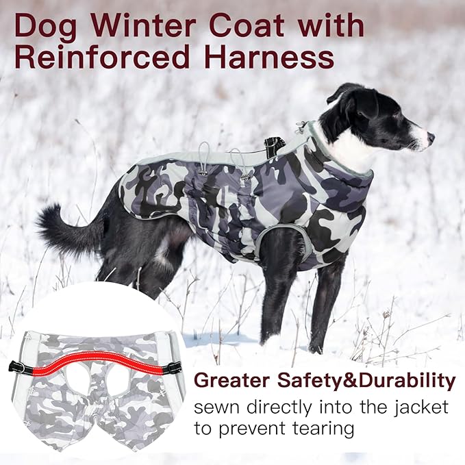 Dog Coat Dog Winter Jacket-Large, Warm Dog Coat Zip Up Snowsuit Dog Harness Vest Reflective Water-Resistant Dog Coat Dog Snow Jacket for Large Dogs French Bulldog, Pug, Grey-Camouflage