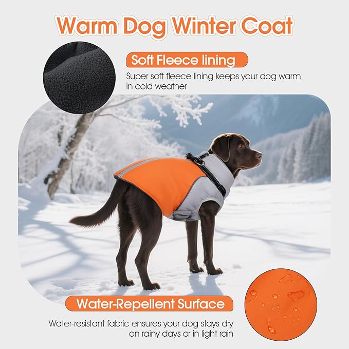 DENTRUN Dog Coat with Harness Built in, Adjustable Winter Dog Coat with Reflective Strips, Fleece Lined No Sleeves Jacket for Chihuahua, Orange, S