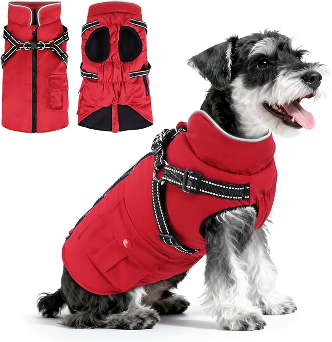 Dog Winter Coat with Harness Built-in | Waterproof Dog Jacket with Zipper & Fleece Lining | Reflective Cold Weather Coat for Small Medium Large Dogs