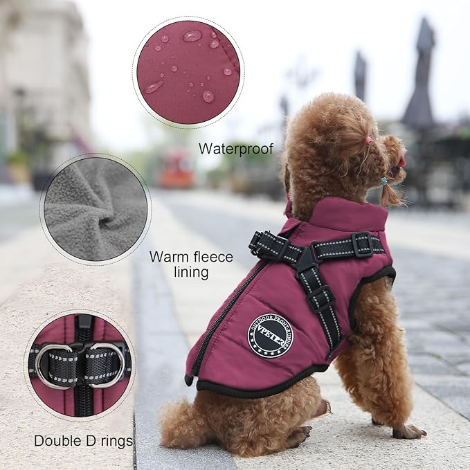 Dog Winter Coat,Warm Dog Jacket Paded Fleece Pet Vest with Built in Harness,Windproof Reflective Cozy Adjustable Snow Pet Coat Clothes with Zipper for Small Medium Large Dogs