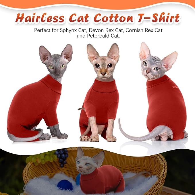 ROZKITCH Sphynx Cat Pajamas Christmas, Breathable Soft Cat Jumpers for Cats Only, Coat with Four Legs, Warm Sweater T-Shirt Pajamas Jumpsuit Vest Cornish Rex Devon Rex Peterbald Red XS
