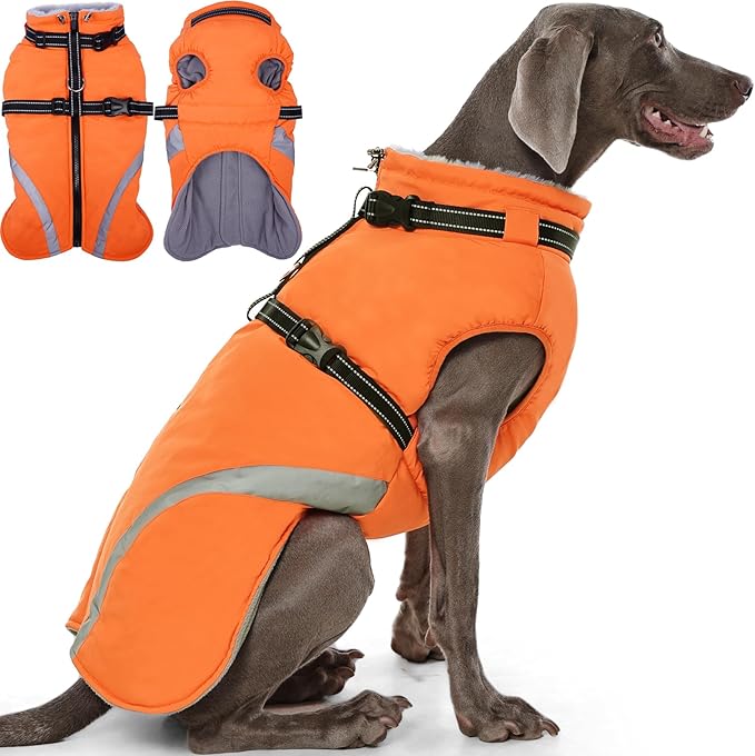 QBLEEV Large Dog Coat, Big Dog Winter Jacket for Large Dogs, XXX-Large Waterproof Cold Weather Snow Vest with Zip & Reflective, Windproof Built-in Harness Warm Fleece Snowsuit Clothes, Orange, XXXL