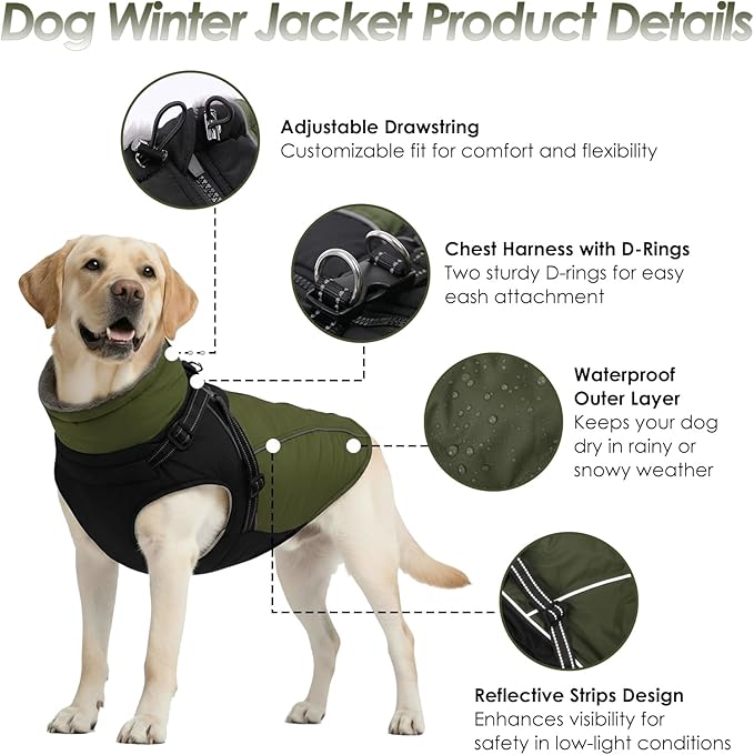 ASENKU Reflective Dog Coat with Built-in Harness, Windproof Fleece-Lined Dog Jacket for Small, Medium, Large Dogs, Warm Winter Vest with Turtleneck & Zipper (Green 2XL)