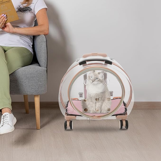 Cat Backpack Carrier, Transparent & Fully Breathable Hard cat Carrier with Rolling Wheels for Kitty Small Dog up to 19lbs, Multiple Carrying Options, Perfect for Travel Hiking, Pink, Clear