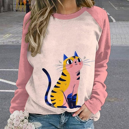 Abstract Cute Cat Shirts for Women Long Sleeve Lady Crewneck Pullover Sweatshirt Fall Winter Oversized Tops