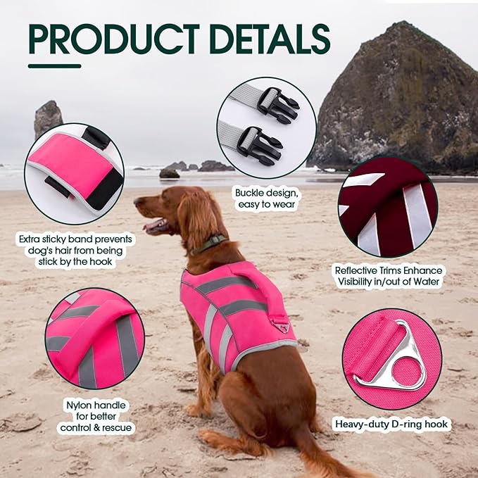 Kuoser Large Dog Life Jacket - Reflective Swim Vest for Boating, Pink XL