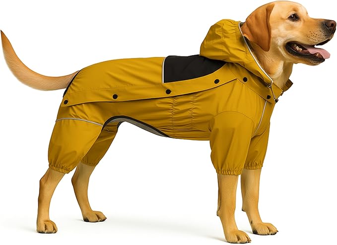 LOVELONGLONG Fleece-Lined Dog Raincoat with Removable Hood – Waterproof Winter Full Body Dog Jacket – Windproof Snowproof Cold-Weather Suit – Yellow-F XXS
