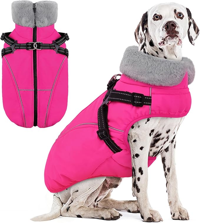 AOFITEE Dog Coat for Large Dogs, Waterproof Dog Jacket with Harness Built in, Warm Fleece Pet Puffer Jacket with Zipper, Cold Weather Coats for Dogs Outdoor, Reflective Pet Snowsuit, Pink XL
