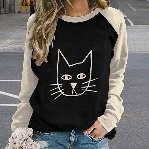 Abstract Cute Cat Shirts for Women Long Sleeve Lady Crewneck Pullover Sweatshirt Fall Winter Oversized Tops