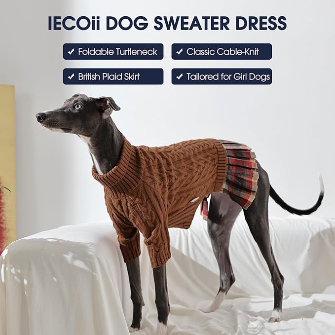IECOii Girl Dog Sweater Dress - Cable Knit Dog Sweater for Small Dogs Girl - Caramel,Medium, Turtleneck Pullover Sweaters with Tartan Plaid Skirt, Adorable Warm Dog Knitted Dress for Christmas