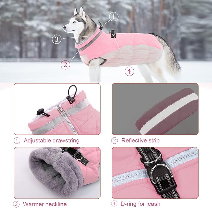 Lelepet Dog Coat Warm Dog Winter Coat Waterproof Dogs Jacket with Harness Built in Reflective Pet Fleece Vest Zip-Up Cold Weather Coats for Large Dogs Turtleneck & Windproof Coats Pitbull Pink 2XL