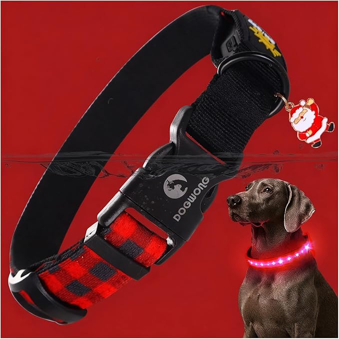 DOGWONG LED Dog Collar - Christmas Red Plaid Heavy Duty Light up Dog Collars - Rechargeable Waterproof - Lighted Dog Collars for Night Walking, Hiking, Camping(Red Plaid,S)