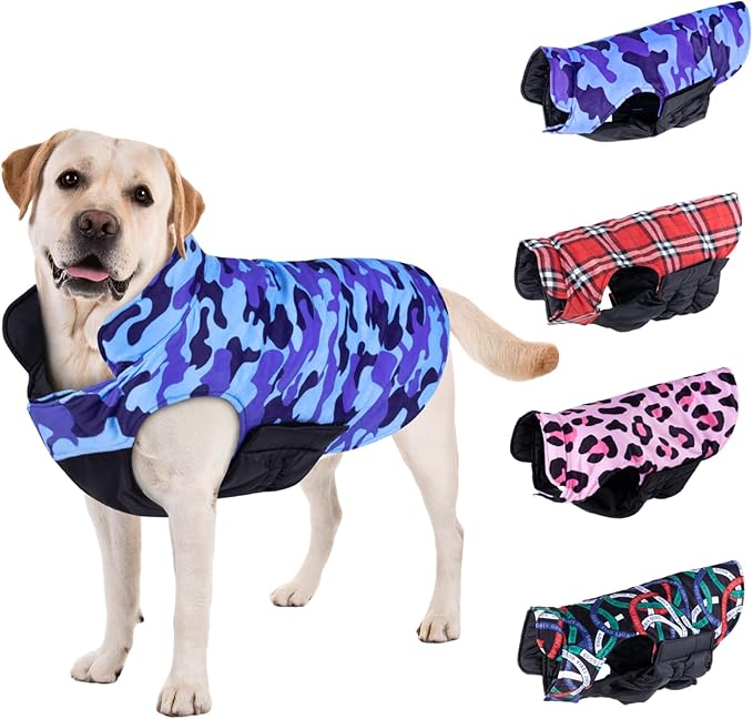 CuteBone Winter Dog Jacket - Reversible Soft Coat for Small, Medium, Large Dogs - Windproof, Waterproof, Adjustable with Leash Hole