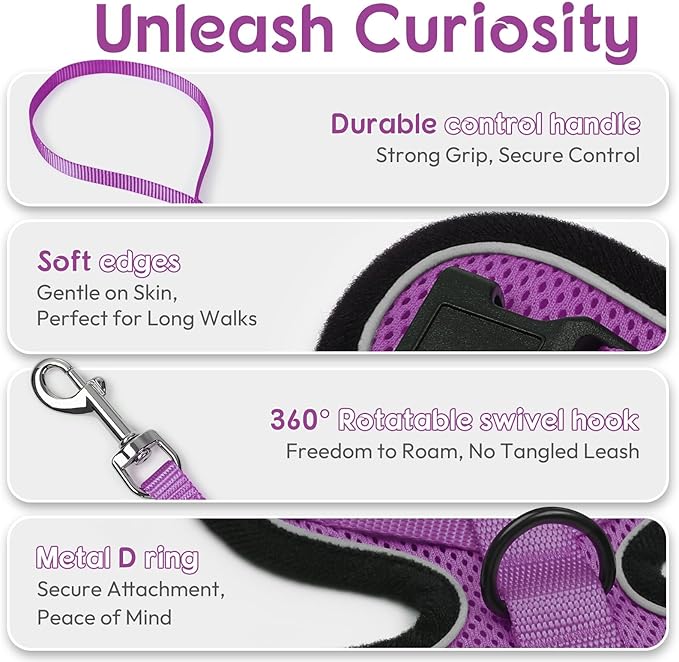 Dooradar Cat Harness and Leash Set, Escape Proof Safe Adjustable Kitten Vest Harnesses for Walking, Easy Control Soft Breathable Mesh Jacket with Reflective Strips for Cats, Purple, XS